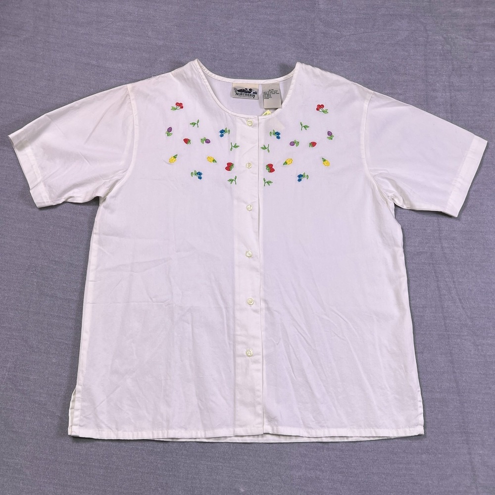 Northern Reflections Floral Embroidery Button Up Shirt Womens M White Cotton